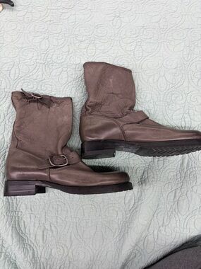 Frye Gray Leather Mid-Calf Buckle Boots